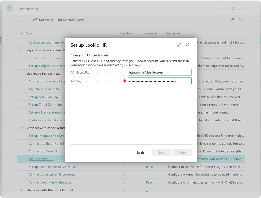 Credentials step with API fields