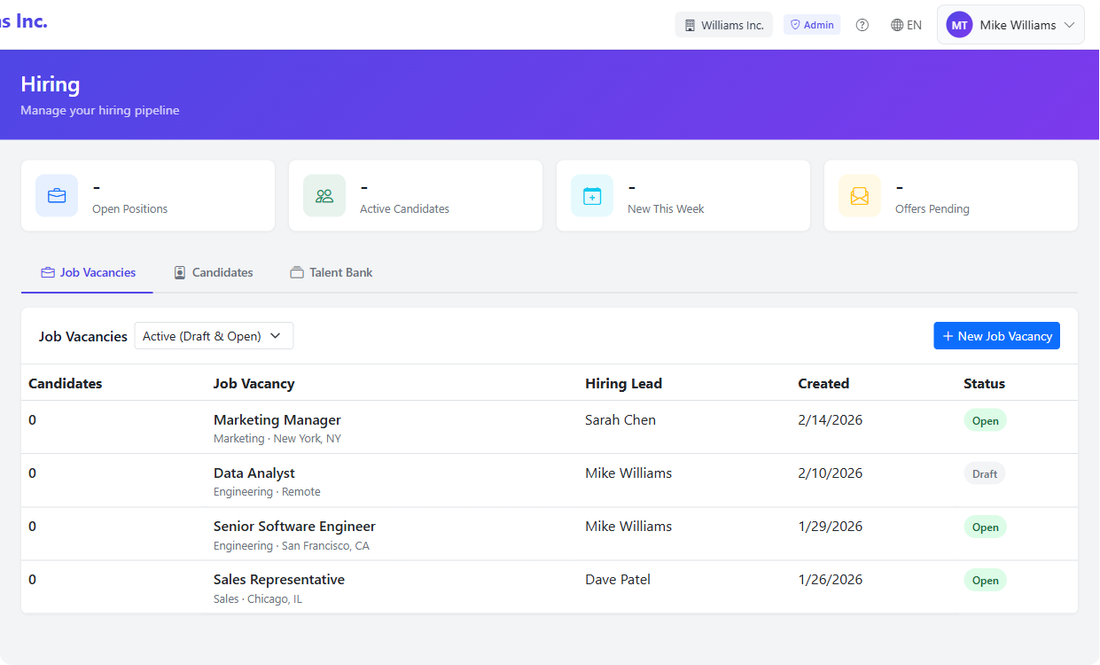 Lookio Hiring — job vacancies with status tracking, candidate pipeline, and source analytics