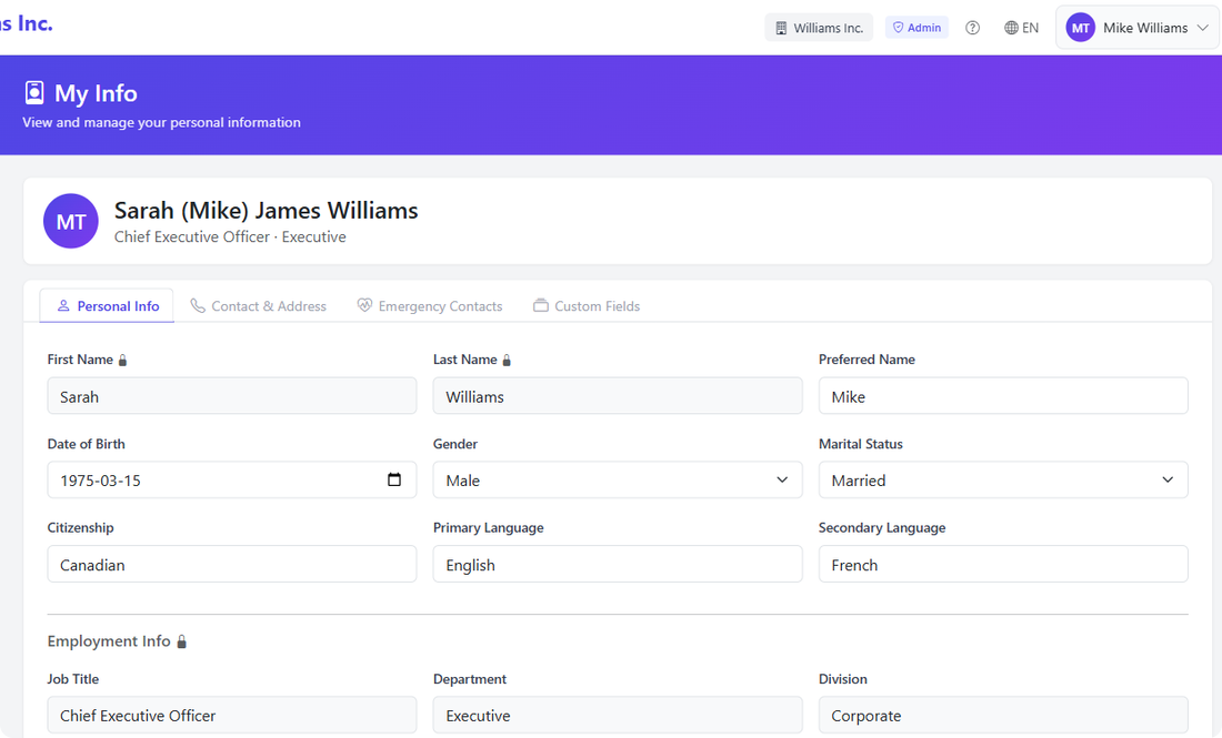 Lookio Self-Service — employees update their own profile, emergency contacts, and view benefits