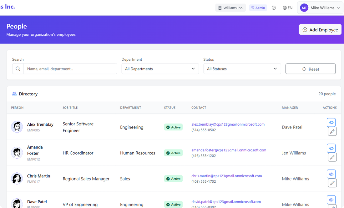 Lookio People Directory — searchable employee list with departments, job titles, and status indicators