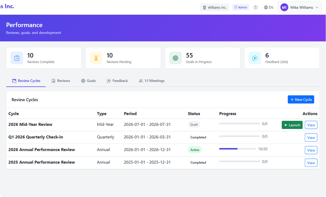 Lookio Performance — review cycles, goal tracking, 360 feedback, and manager sign-off workflow