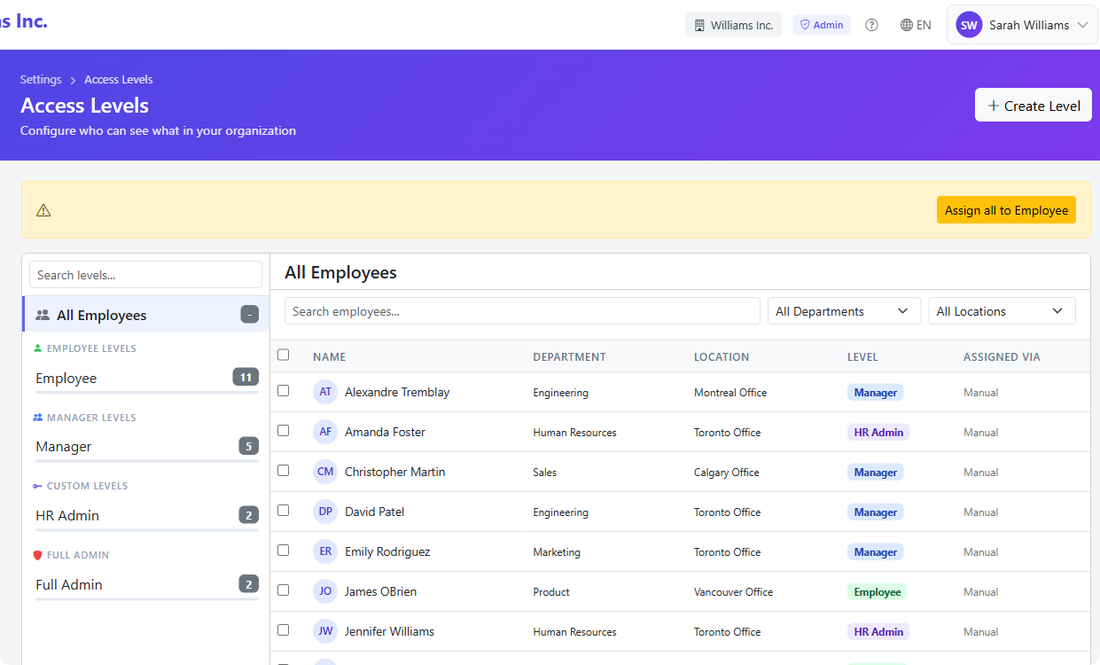 Lookio Access Levels — named access levels with employee grid, auto-assign rules, and scope preview
