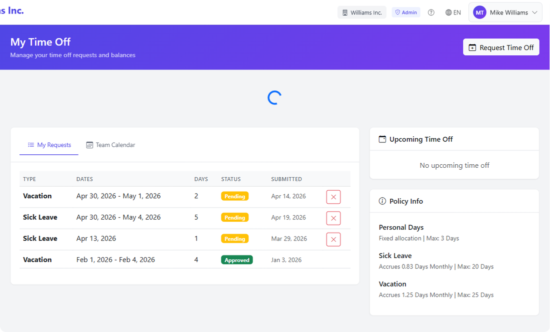 Lookio Time Off — team calendar, PTO balances, and one-click leave requests