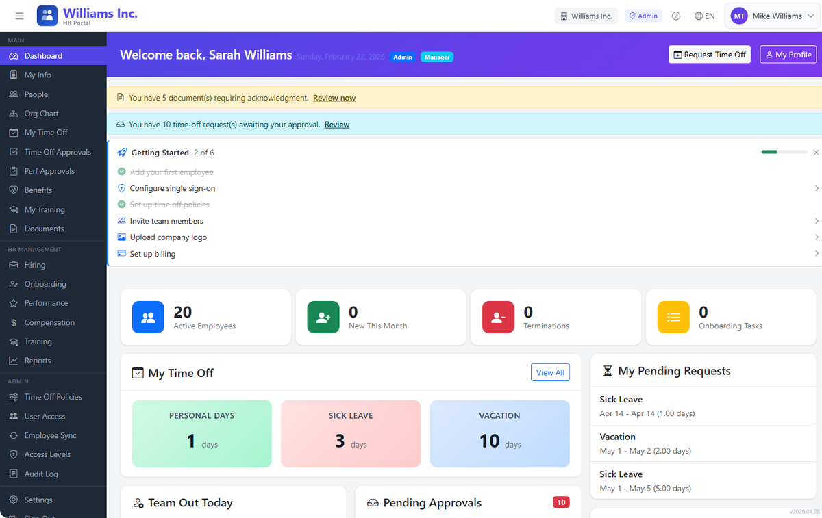 Lookio Dashboard — real-time employee stats, upcoming birthdays, recent activity, and team overview at a glance
